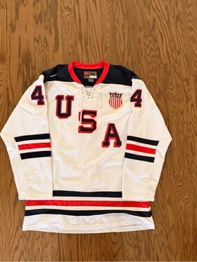 Nike White Red and Navy USA Hockey Jersey Orpik #4
